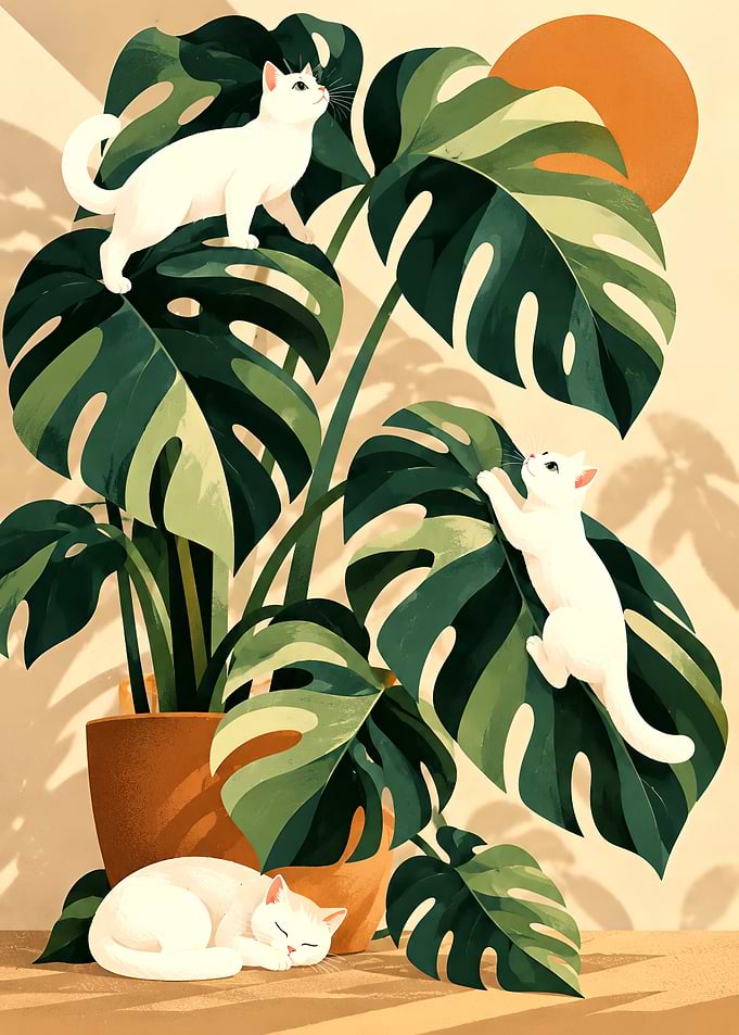Three White Cats and Monstera Plant