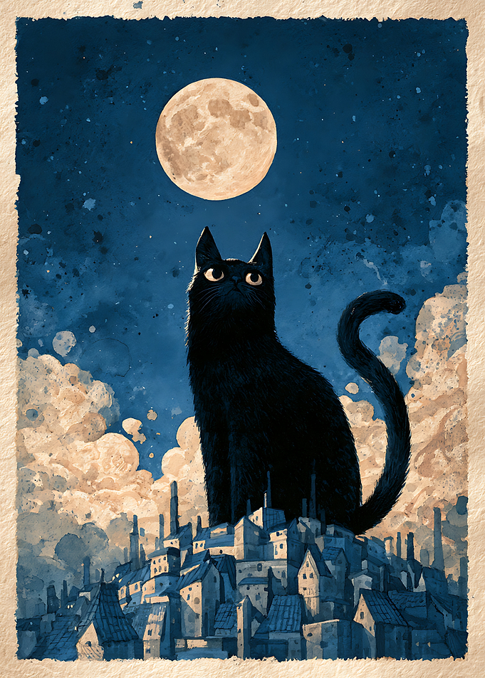 Giant Black Cat Over Cityscape