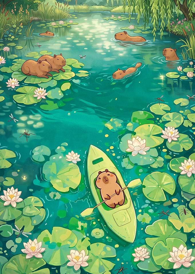 Capybara Pond Kayak Nature Art
