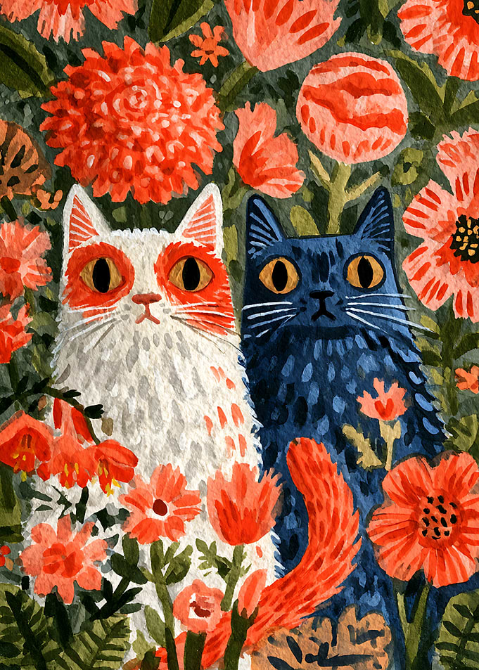 Two Cats in a Floral Garden