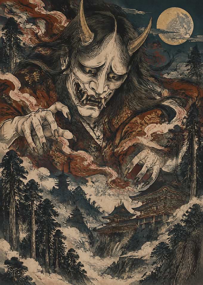 Hannya Demon Over Japanese Temple