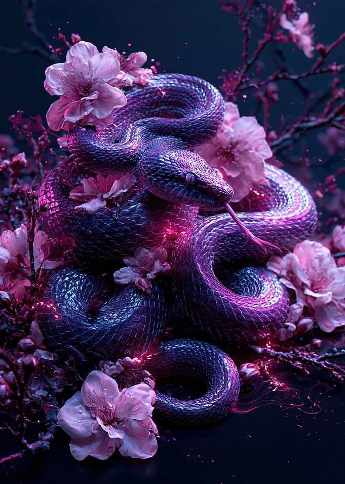 Neon Purple Snake Among Cherry Blossoms