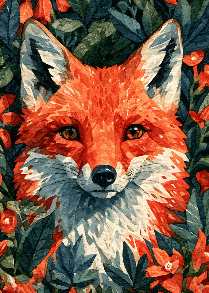 Watercolor Fox Portrait in Flowers