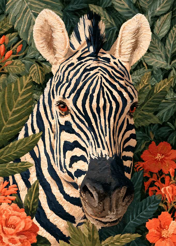 Zebra Portrait in Tropical Foliage