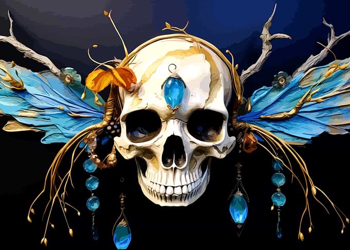 Ornate Fantasy Skull with Blue Wings