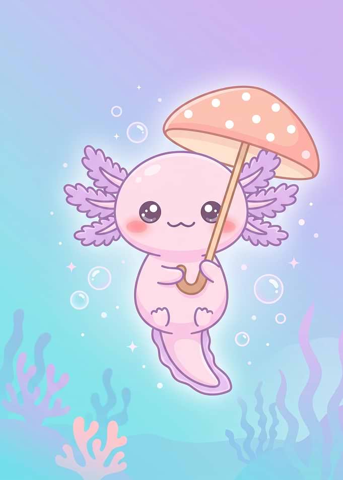 Cute Axolotl with Mushroom Umbrella