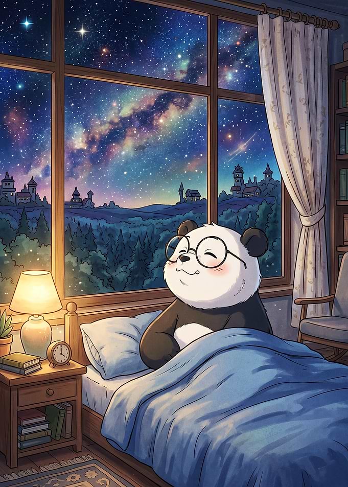 Panda Galaxy Night Cozy Art Poster
