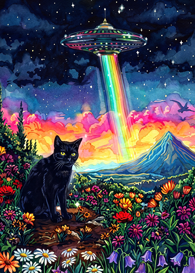 Cat UFO Space Rainbow Trippy Art