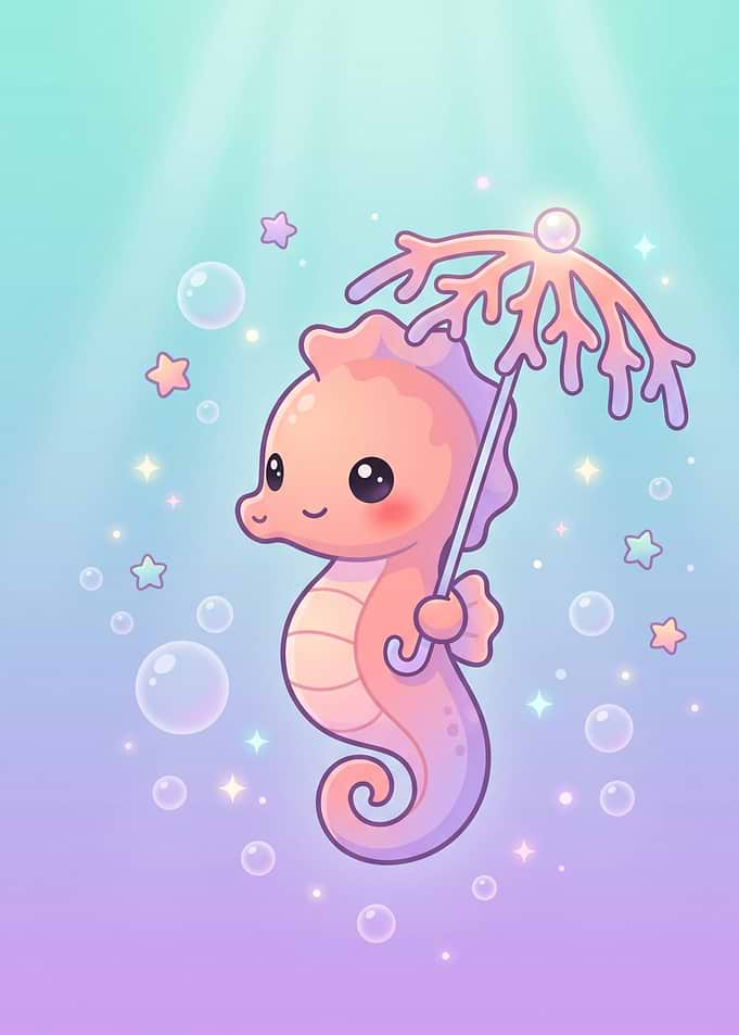 Cute Seahorse with Coral Umbrella