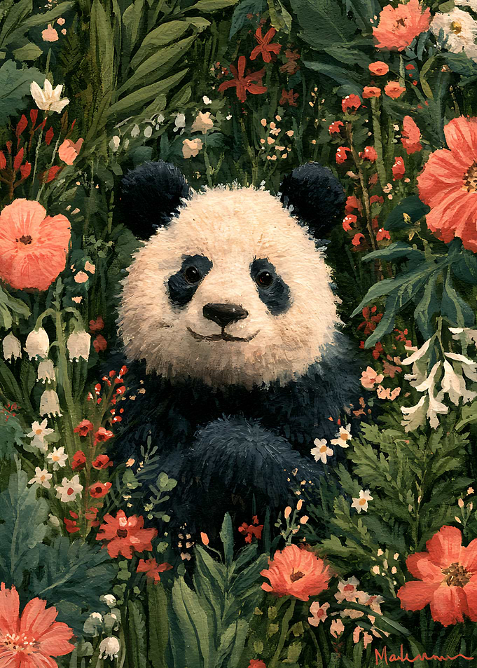 Panda Sitting in a Flower Garden