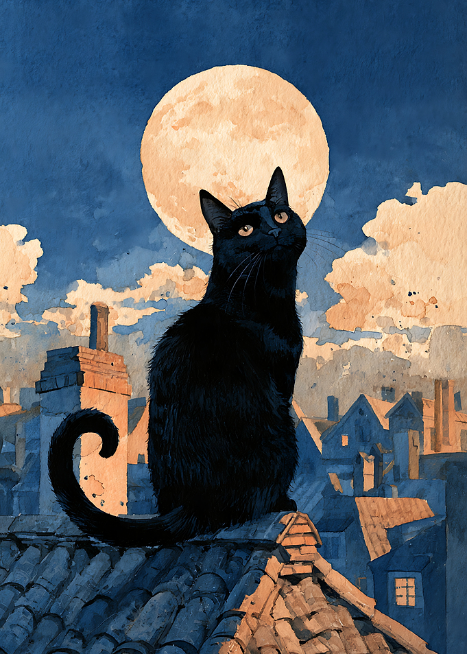 Black Cat on Rooftop Under Moon