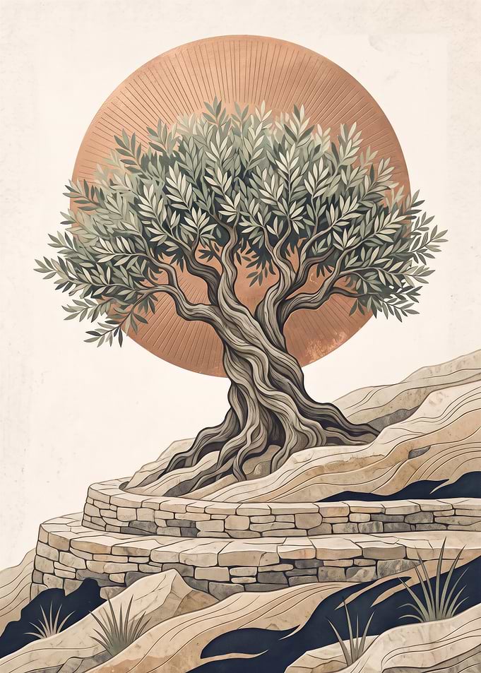 Ancient Olive Tree on Stone Terrace