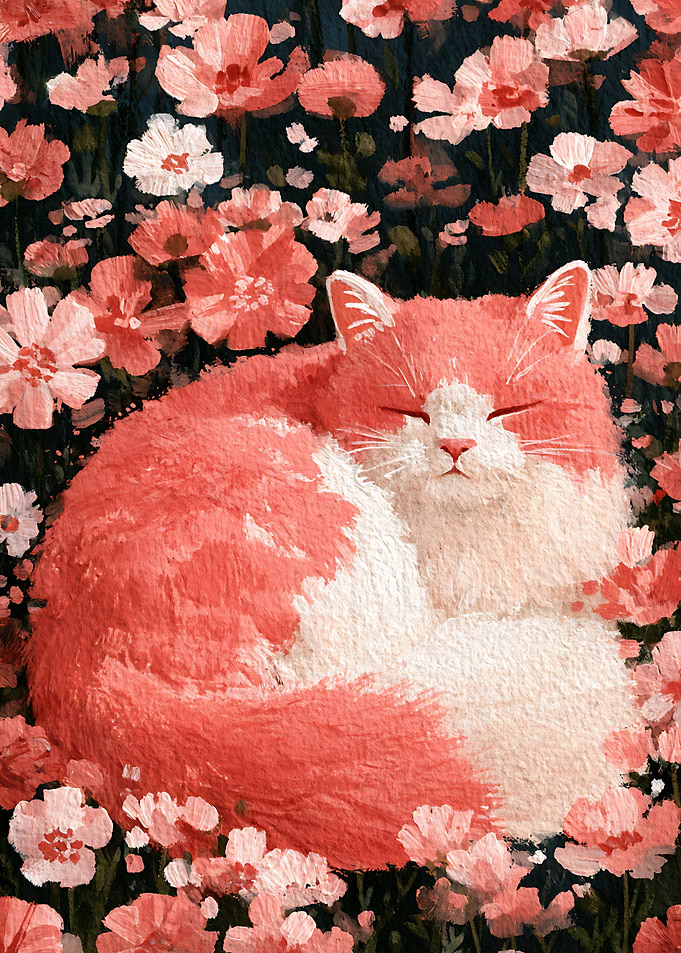 Sleeping Cat in Pink Flowers