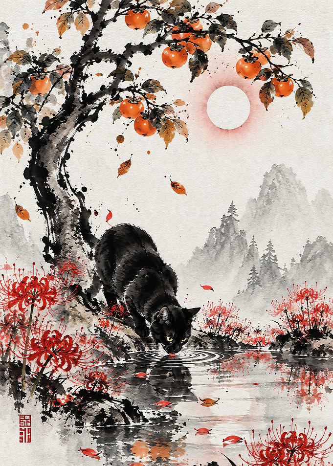 Black Cat Drinking by Persimmon Tree