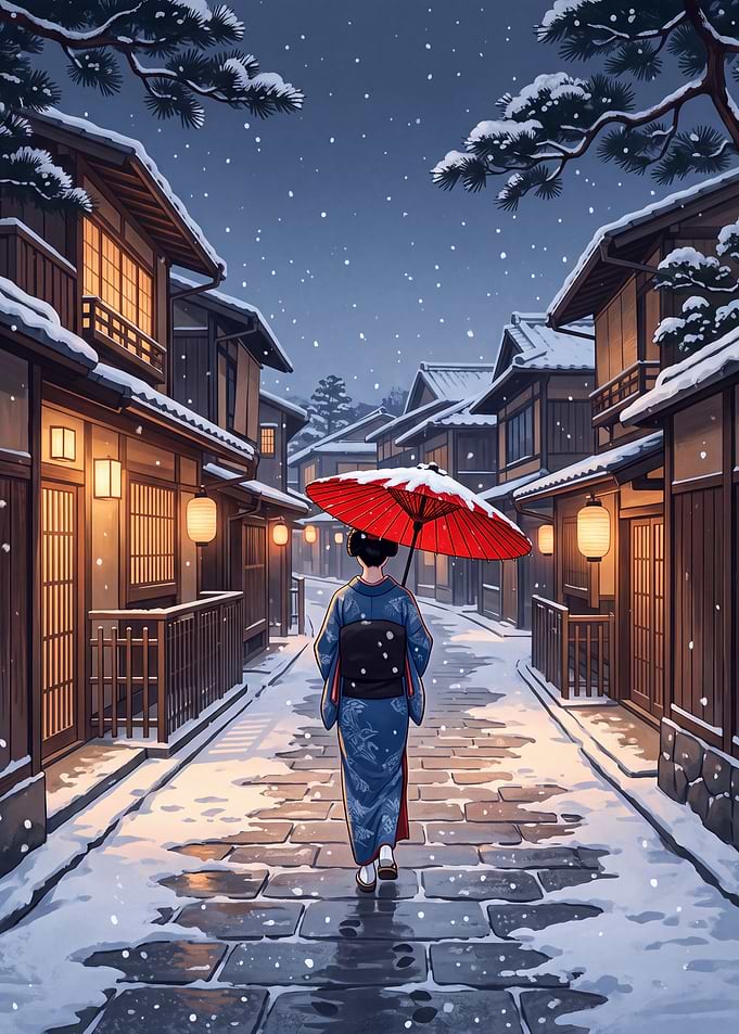 Red Umbrella in a Snowy Kyoto