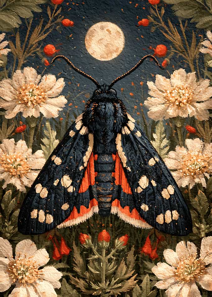 Moth and Moonlit Floral Garden
