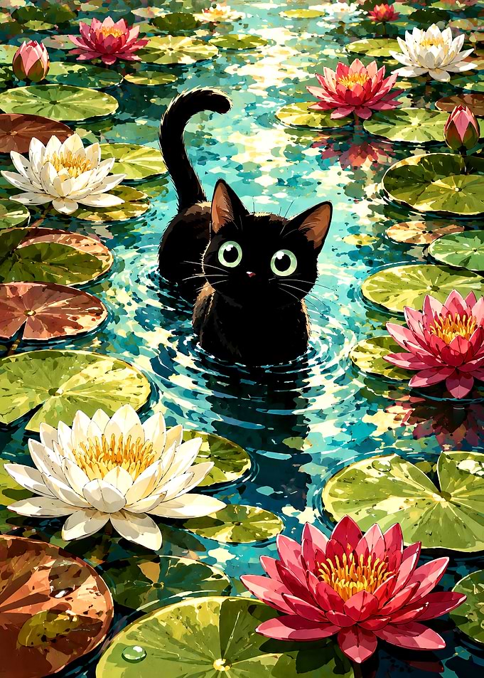 Black Cat in Water Lily Pond