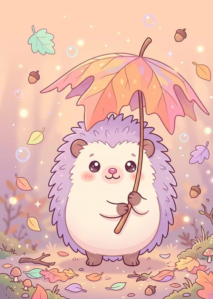 Cute Hedgehog Holding Leaf Umbrella