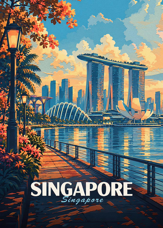 Singapore Marina Bay Sunset Travel Poster