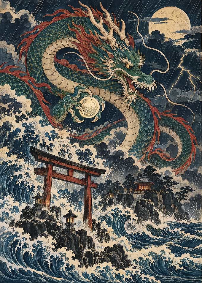 Japanese Dragon Over Stormy Torii Gate