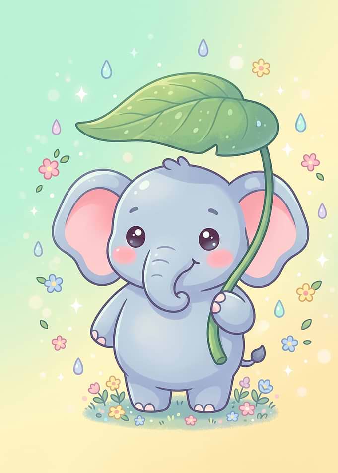 Cute Baby Elephant Holding Leaf Umbrella