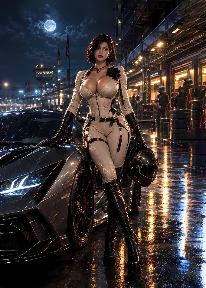 Female Racer at Night Pit Stop
