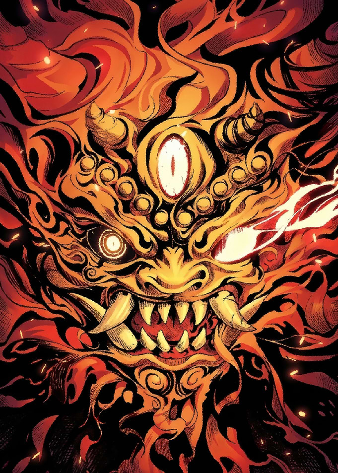 Fiery Oni Demon Mask Illustration