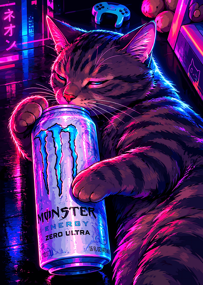 Cyberpunk Cat Drinking Monster Energy