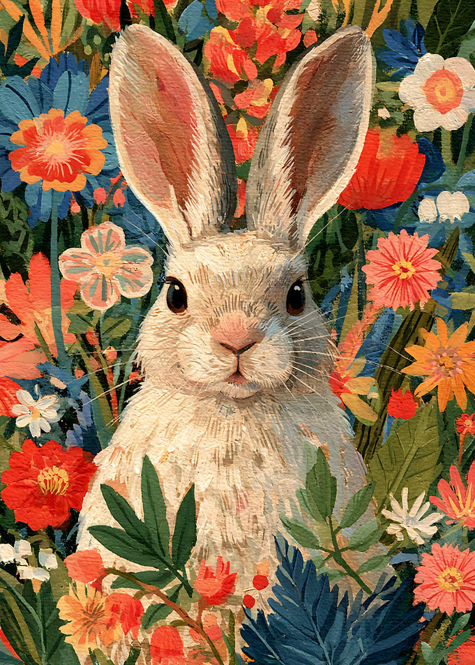 White Rabbit in Vibrant Floral Garden