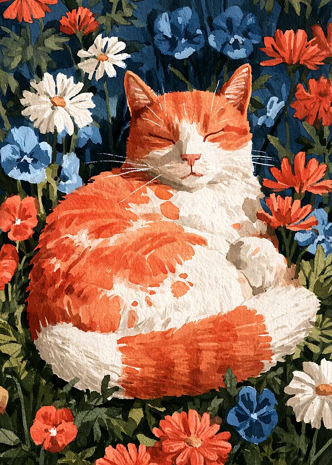 Sleeping Ginger Cat in Flower Garden