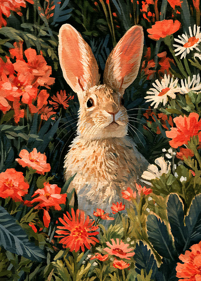 Cute Rabbit in Floral Garden