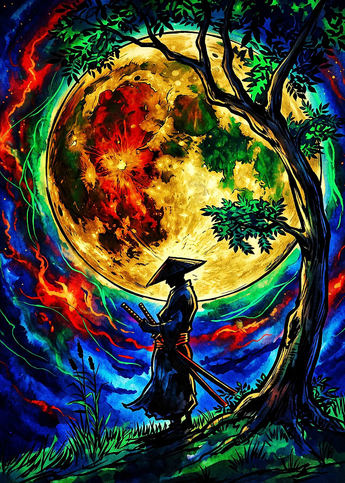 Samurai Under a Psychedelic Moon