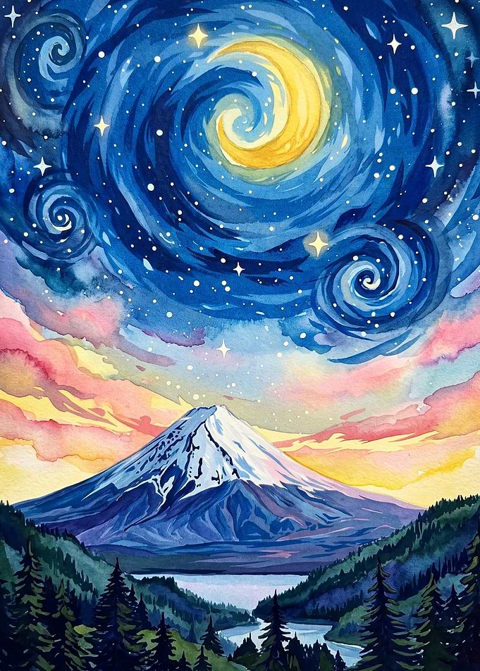 Mountain Fuji Night Sky Watercolor