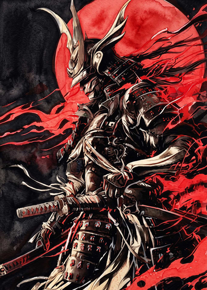 Samurai Red Moon Dark Fantasy Art