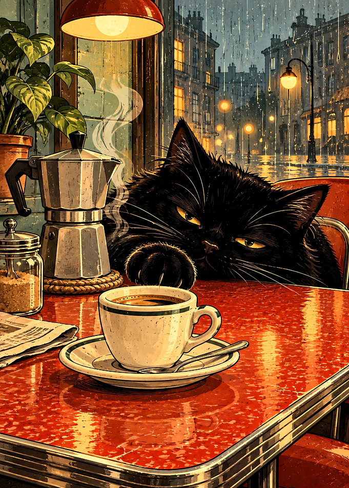 Black Cat at Rainy Cafe