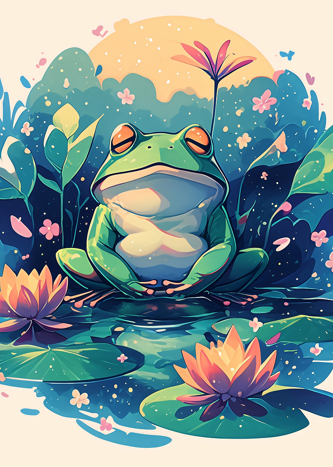 Meditating Frog in Lotus Pond