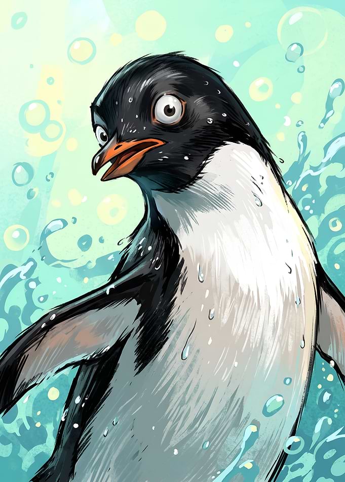 Expressive Penguin in Turquoise Bubbles