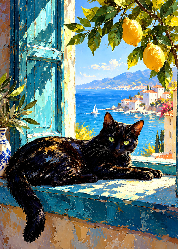 Black Cat Resting by Mediterranean Window