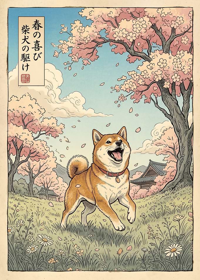 Shiba Inu in Springtime Ukiyo-e