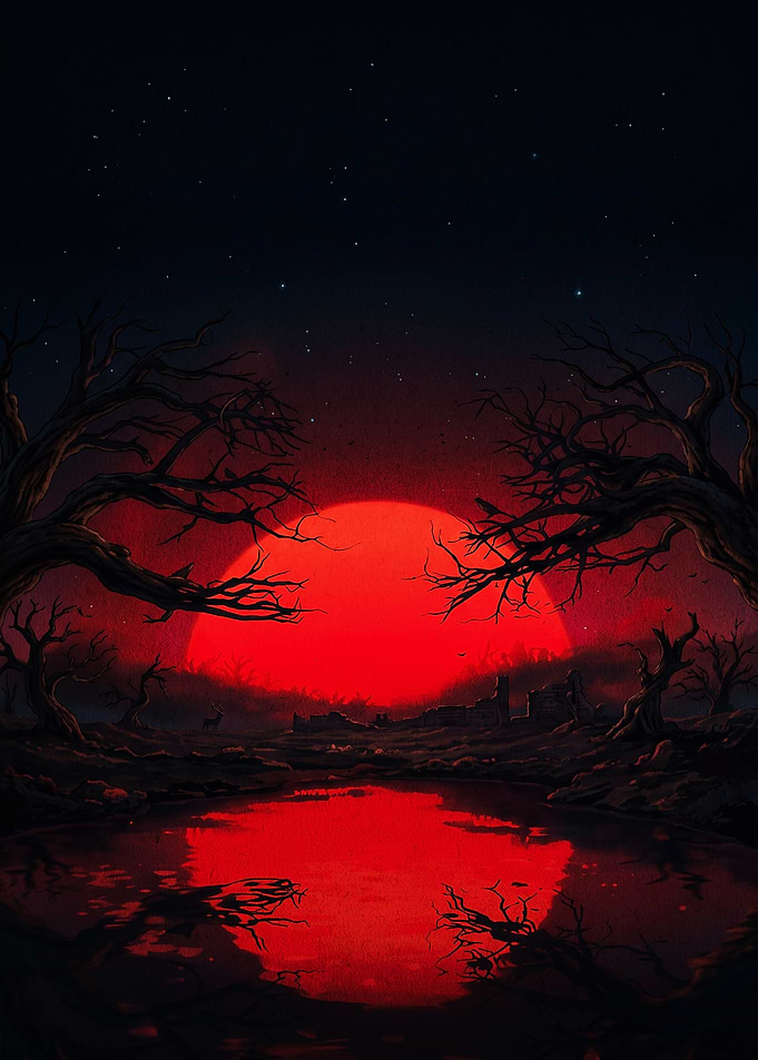 Red Moon Lake Dark Fantasy Art