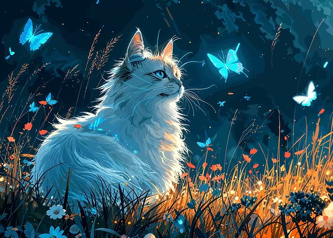 Fluffy Cat with Glowing Butterflies