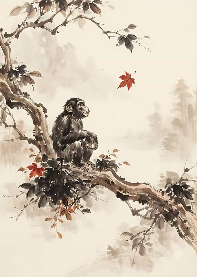 Chimpanzee Watching Falling Maple Leaf