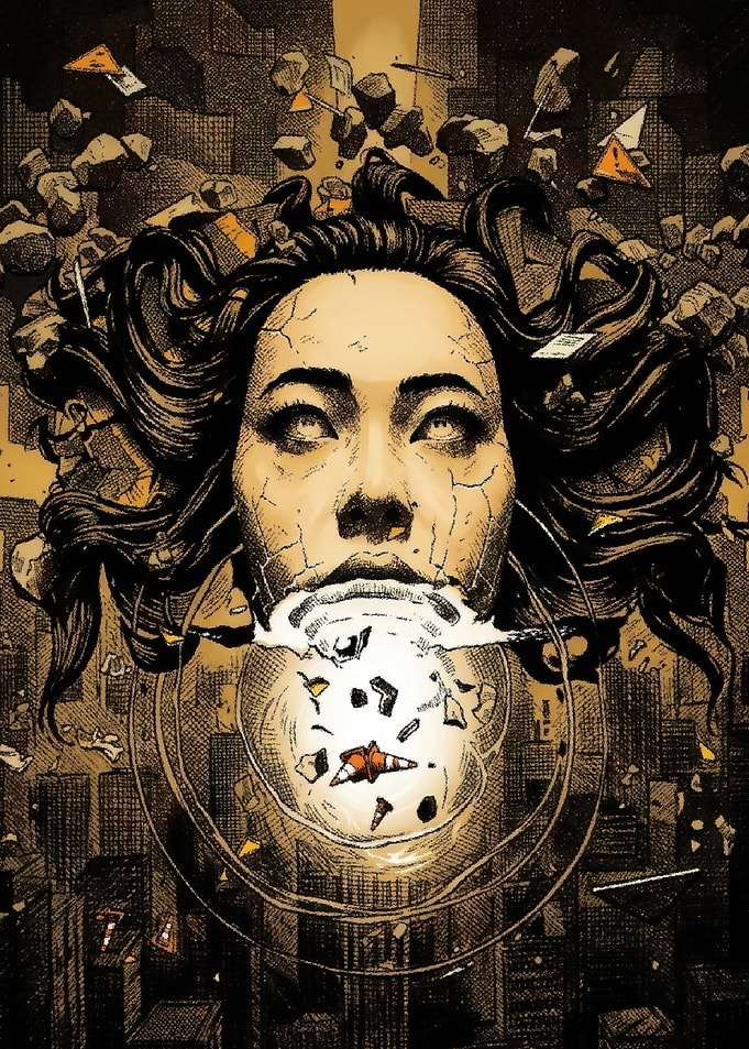 Surreal Cracked Face with Floating Debris