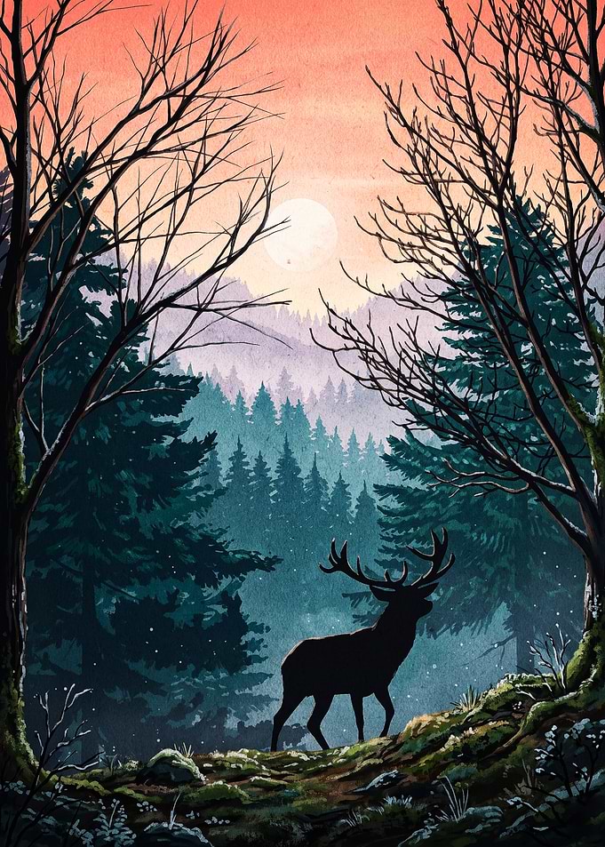 Deer Sunset Forest Landscape Art