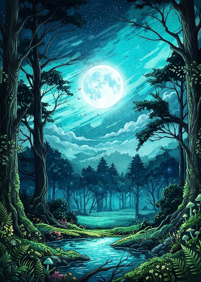 Moonlit Forest Night Cyan Art
