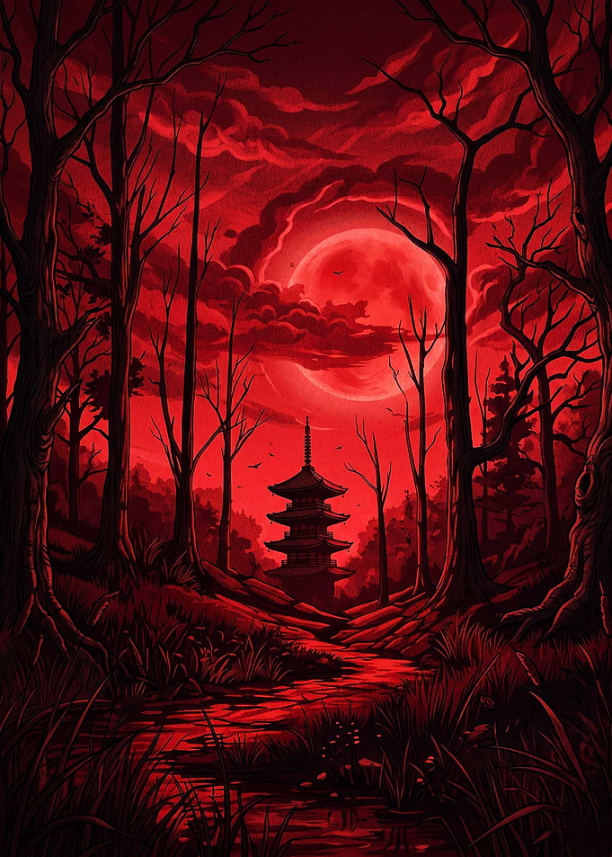 Red Moon Pagoda Dark Fantasy Art