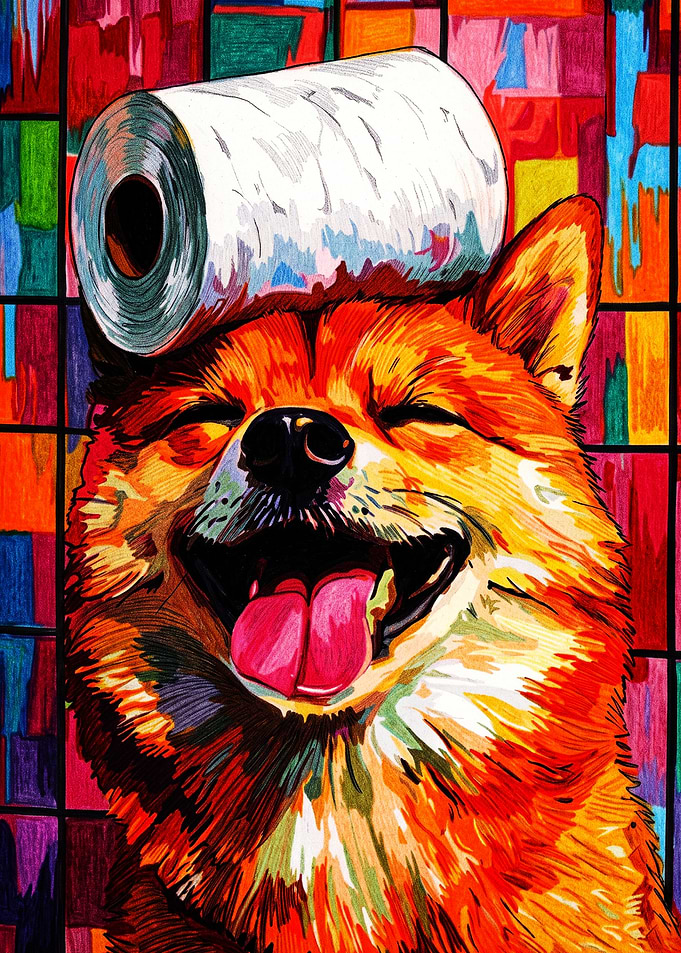 Colorful Shiba Inu with Toilet Paper
