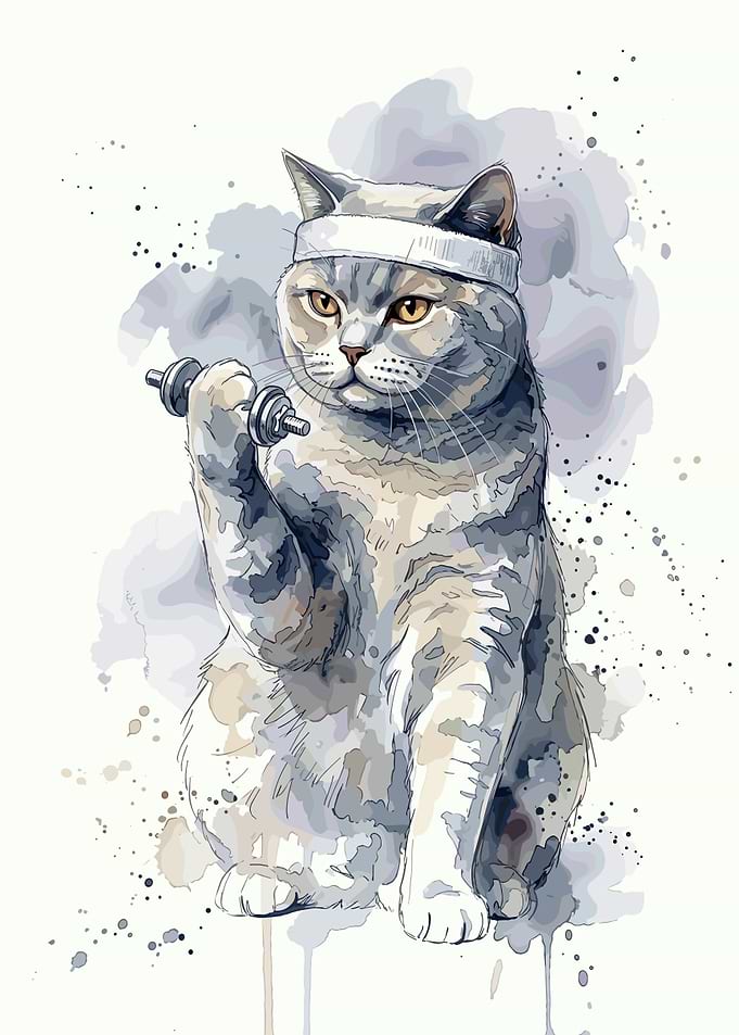 Watercolor Cat Lifting Dumbbell