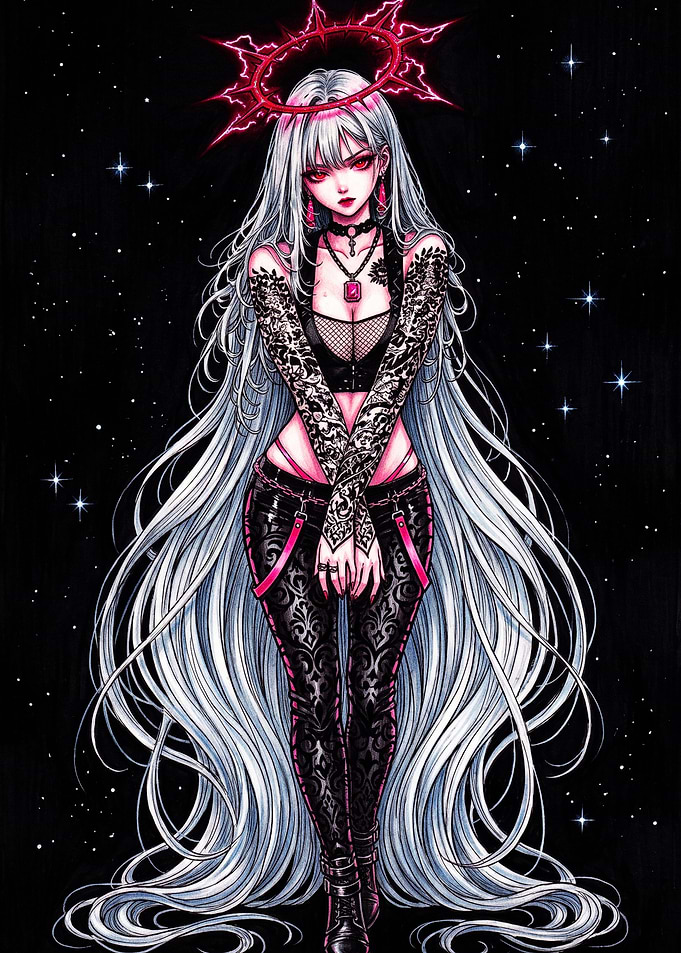 Gothic Anime Girl with Red Halo
