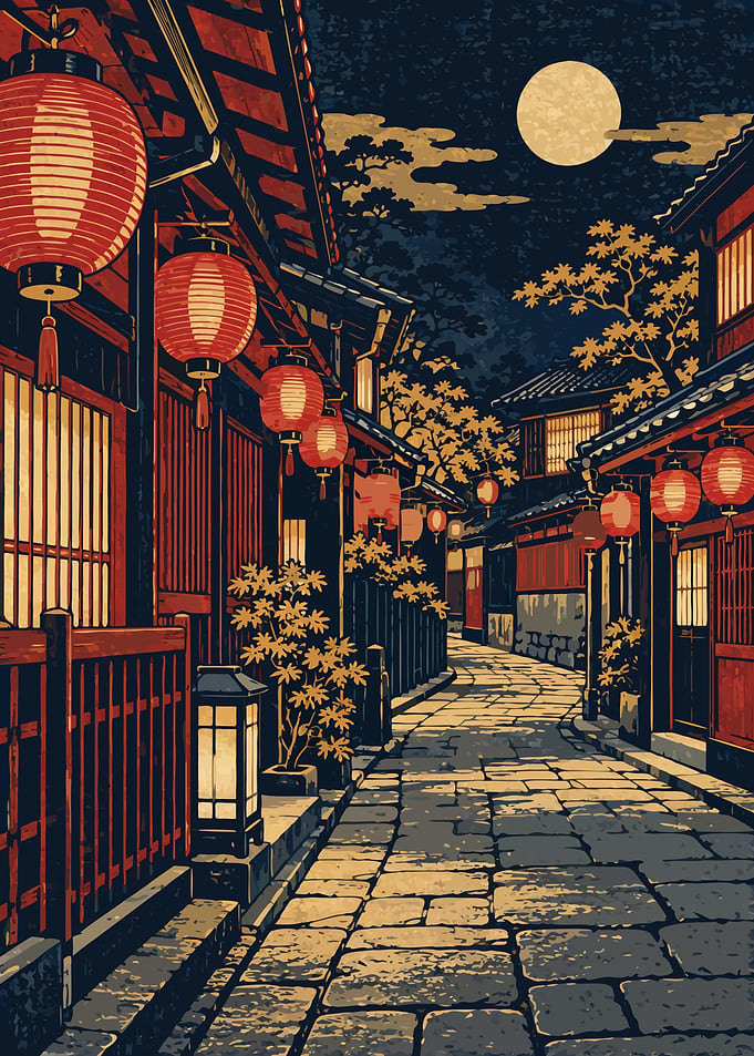 Lantern Street Under the Golden Moon